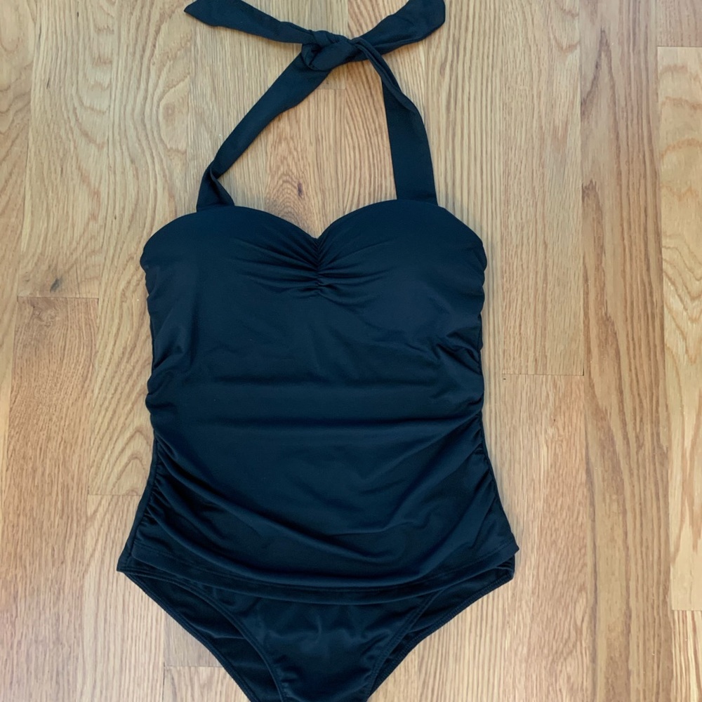 Halter-Style One Piece Bathing Suit, Black, Size M